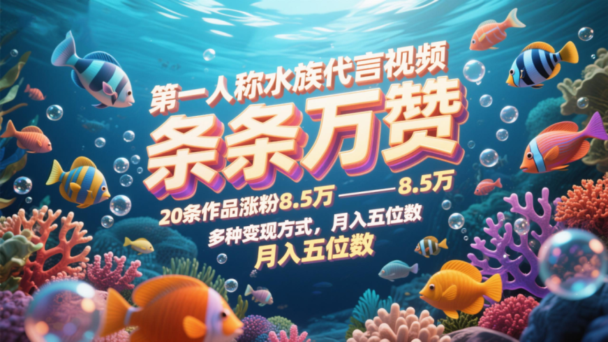 第一人称水族代言视频,条条万赞,20条作品涨粉8.5万,多种变现方式月-追梦分享我爱副业网福缘论坛网赚网中创网创业网