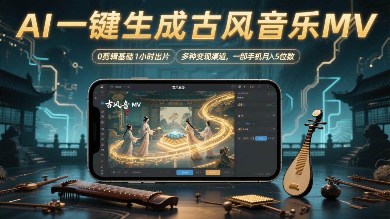 AI一键生成古风音乐MV，0剪辑基础1小时出片，多种变现渠道，一部手机月入5位数7096 作者:福缘创业网 帖子ID:116297 